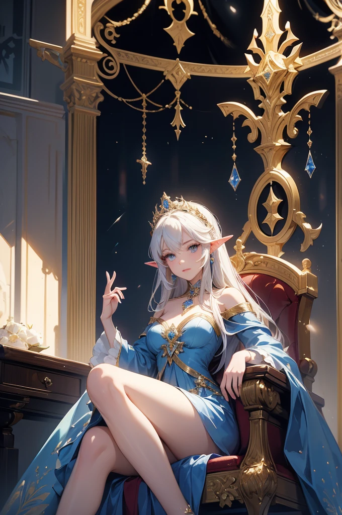 Inside the castle、Sitting on the throne、Queen of the Elf Country、dress、Sexy、glamorous、Ripe body、Knee-high socks、long gloves up to the elbow、Silver Hair、Intimidating