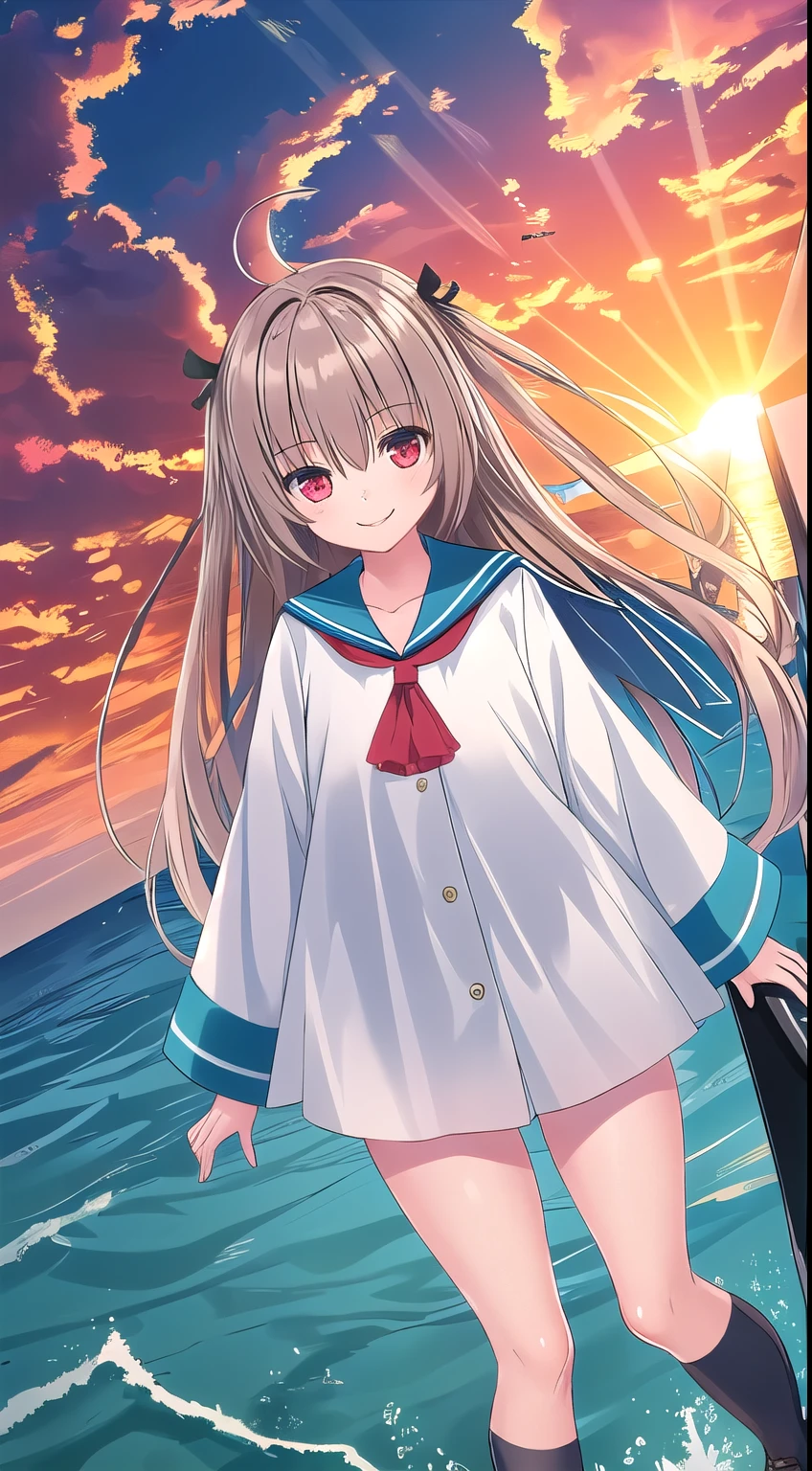 Atori, one girl, red eyes, alone, ahoge, long hair, full body, shoes, sailor uniform, black ribbon, sailor collar, brown loafers, hair between eyes, blue sailor collar, blush, very long hair, smiling, neckerchief, big sleeves, collarbone, white skirt, on a boat, sea and sky, sun, lens flare