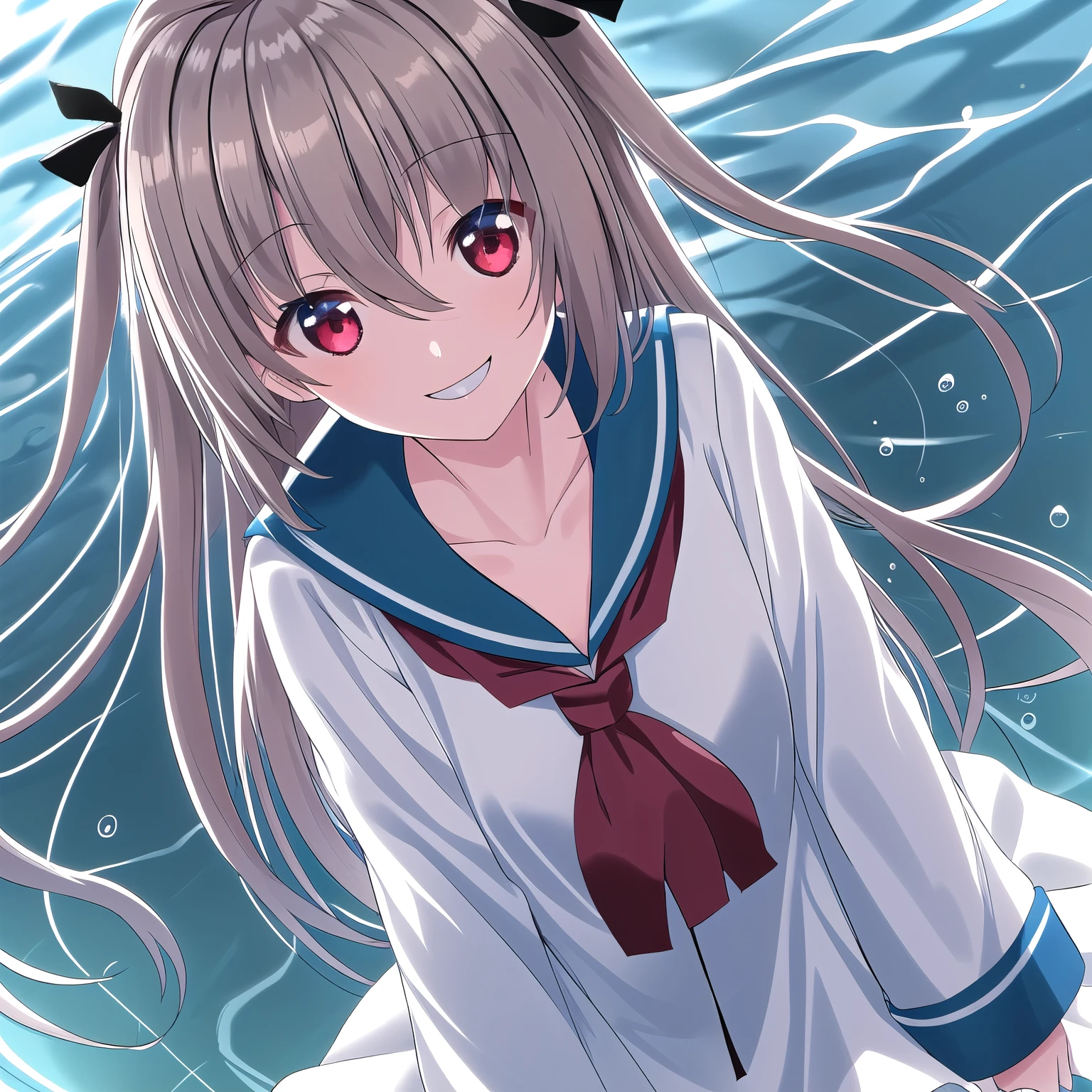 Atori, one girl, red eyes, alone, ahoge, long hair, close up of face, sailor uniform, black ribbon, sailor collar, hair between eyes, blue sailor collar, blush, very long hair, smiling, neckerchief, big sleeves, collarbone, white skirt, old school submerged