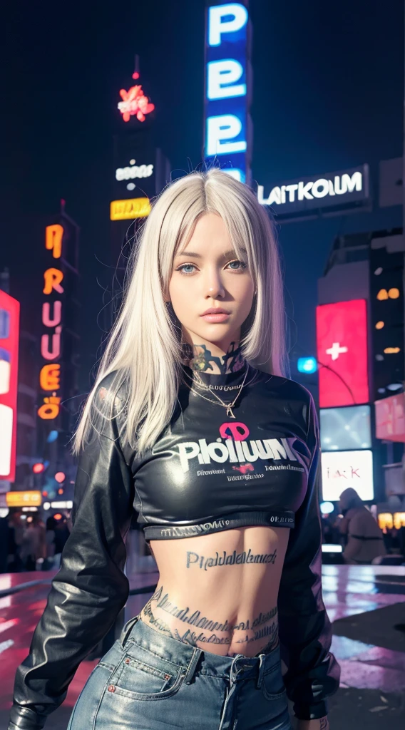 50 years old, gorgeous cute  Turkish girl, smirk, freckles, polaroid photo, (dark skin:1.5), (platinum blonde hair:1.5), masterpiece, best quality, Confident cyberpunk girl, full body shot, ((standing in front of motorcycle)), Harajuku-inspired pop outfit, bold colors and patterns, eye-catching accessories, trendy and innovative hairstyle, vibrant makeup, Cyberpunk dazzling cityscape, skyscrapers, neon signs, LED lights, bright and vivid color scheme, anime, illustration, detailed skin texture, detailed cloth texture, beautiful detailed face, intricate details, ultra detailed., famous beautiful model, good young girl, (masterpiece:1.0),(best_quality:1.0), ultra high res,4K,ultra-detailed, photography, 8K, HDR, highres, absurdres:1.2, Kodak portra 400, blurry background, bokeh, lens flare, (vibrant_color:1.2),professional photograph, (the_tattoo:1.4), (beautiful_face:1.5),(narrow_waist). --v 6