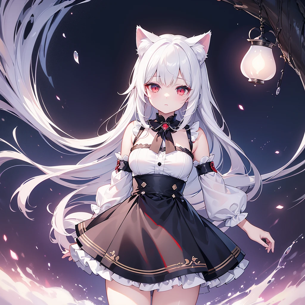 ((masterpiece, Highest quality, Highly detailed CG, unity 8k wallpaper,)), One woman, darkness、 Maid clothes with short skirts、I can barely see your face、Red eyes、assassin、Eyes that shine mysteriously、White Hair、Wolf Cut、I can see your thighs、I can see your underwear、Cat ears、Pants-like skirt、Shoulders stick out、Holding a book under his arm