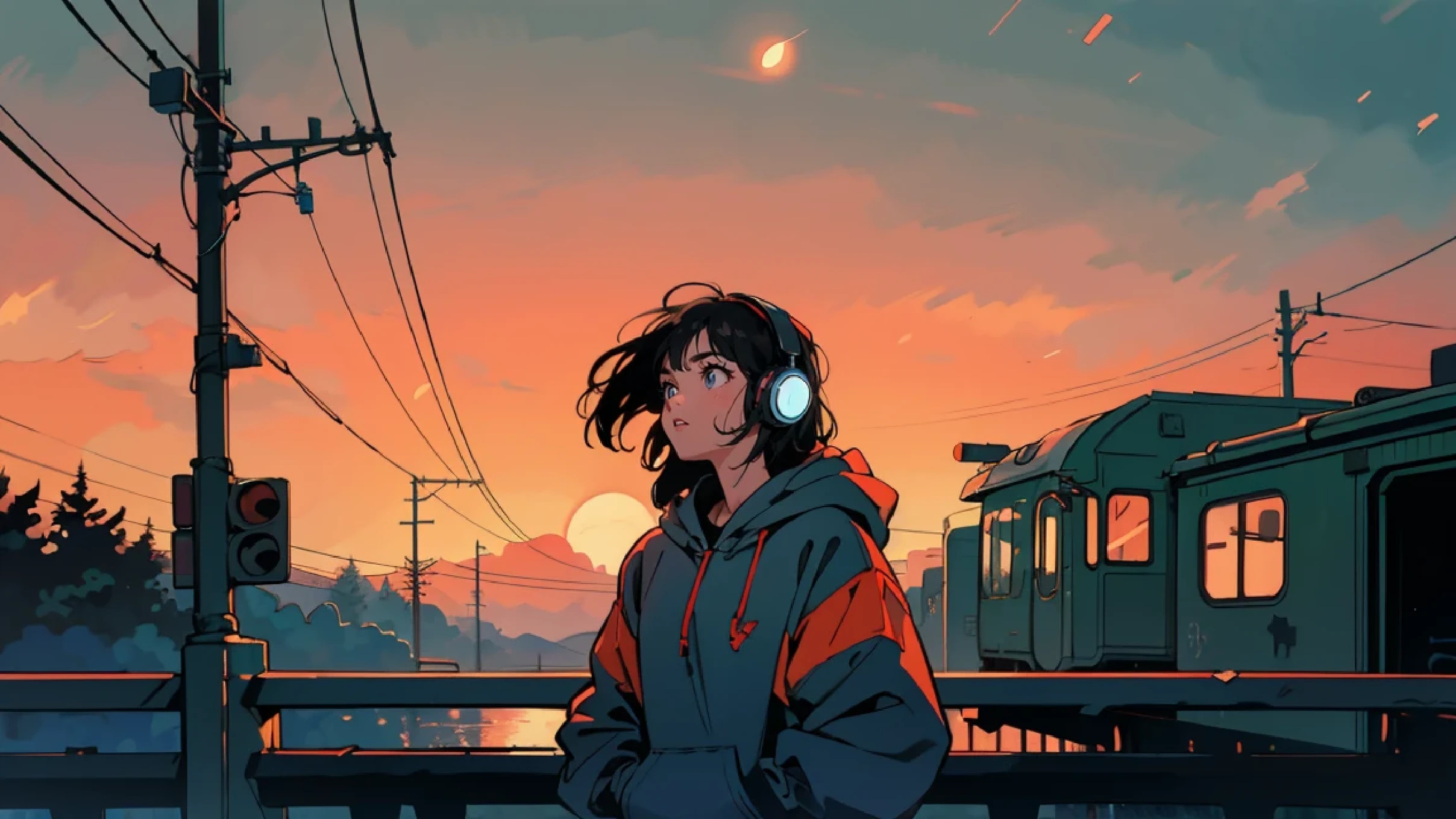 Station platform at dusk、A young girl with black bob hair and a mature look is wearing blue headphones、Looking up at the night sky while waiting for the train。She is wearing a hoodie、The breeze is blowing and my hair is fluttering。background、Electric wires are strung everywhere.、A quiet sky where the orange of the sunset and the blue of the night blend together。Nostalgic atmosphere、Calm, 