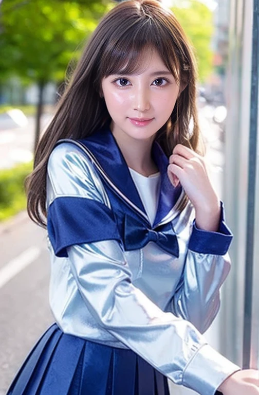 Very pretty and cute girl) (Very cute face:1.2),(Baby Face),(Large, sparkling, transparent, and attractive eyes:1.2), Beautiful detailed eyes, Double eyelids with attention to detail, smile, (Photorealistic photography:1.1), on the road,
(Super shiny metallic dark blue sailor high school uniform:1.5),(Ultra-shiny metallic dark blue pleated skirt :1.1),
(Brown Hair:1.2),Professional portrait photography ,Costumes with very smooth and highly reflective surfaces 