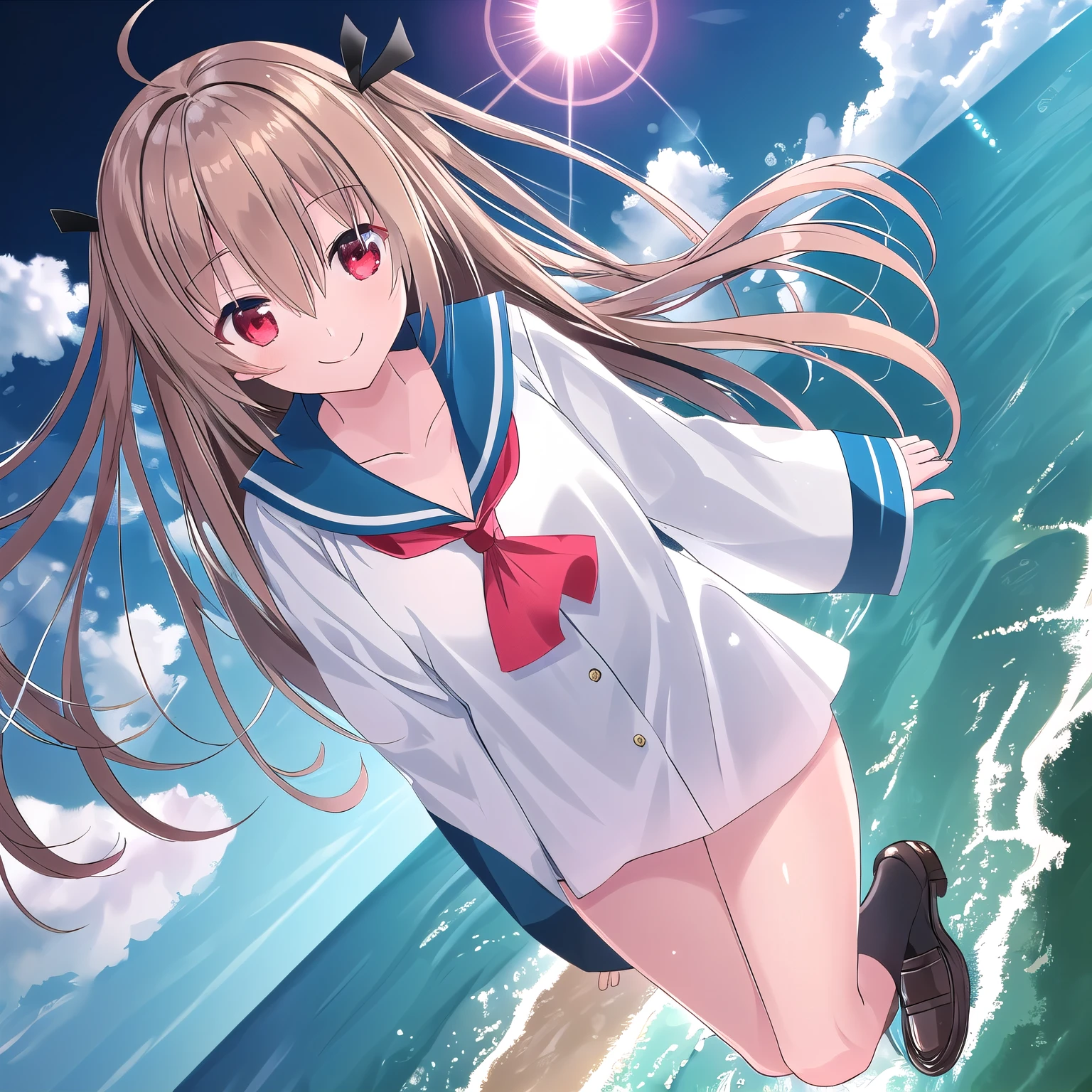 Atori, one girl, red eyes, alone, ahoge, long hair, full body, shoes, sailor uniform, black ribbon, brown footwear, sailor collar, brown loafers, hair between the eyes, blue sailor collar, blush, very long hair, smiling, neckerchief, red, big sleeves, collarbone, white skirt, blue sea and sky, sun, lens flare