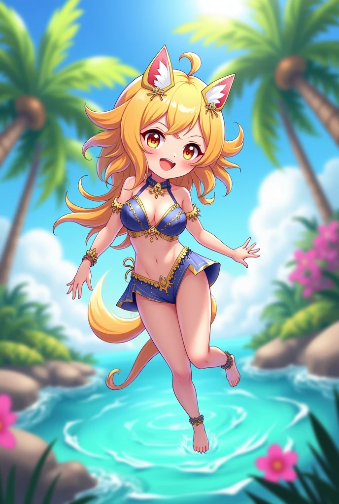 High quality, 4k, 8k, furry, anthro, teenage, girl, lioness, flat chest, laughing, eyes closed, onepiece floral swimdress, splashing water