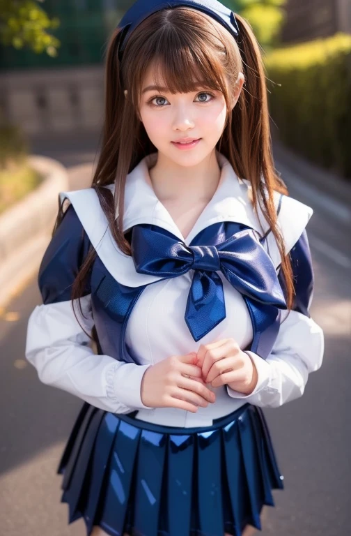 Very pretty and cute girl) (Very cute face:1.2),(Baby Face),(Large, sparkling, transparent, and attractive eyes:1.2), Beautiful detailed eyes, Double eyelids with attention to detail, smile, (Photorealistic photography:1.1), on the road,
(Super shiny metallic dark blue sailor high school uniform:1.5),(Ultra-shiny metallic dark blue pleated skirt :1.1),
(Brown Hair:1.2),Professional portrait photography ,Costumes with very smooth and highly reflective surfaces 