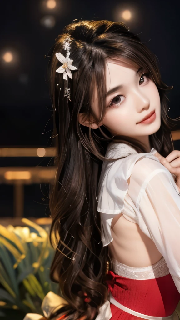 Highest quality, masterpiece, Ultra-high resolution, Real, (Panorama:1.5), (1 girl),(Long Hair),(Hair accessories:1.4),女孩的身边有一座古老的宫殿whole body黑丝,Black Focus, Good condition, whole body，Random pose reference, Single eyelid, High nose bridge、Pointy Nose, V-shaped face, Pale skin, smile, Bokeh