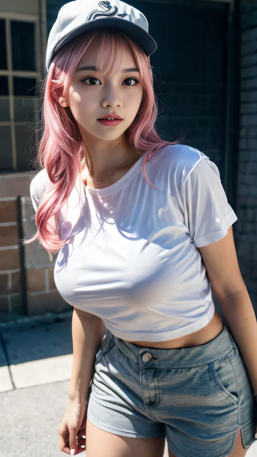 21yo girl,pink hair,long hair, wearing oversize white t-shirt, hot pants, wearing a baseball cap, natural big breast, show big thigh, plump body, single sidelock hairpin blush modern cinematic lighting,ray tracing,drop shadow wide shot UHD,textured skin,high details,best quality 4K, (from below:1.2), (realistic:1.1), (surreal:1.2), (very detailed:1.1)
