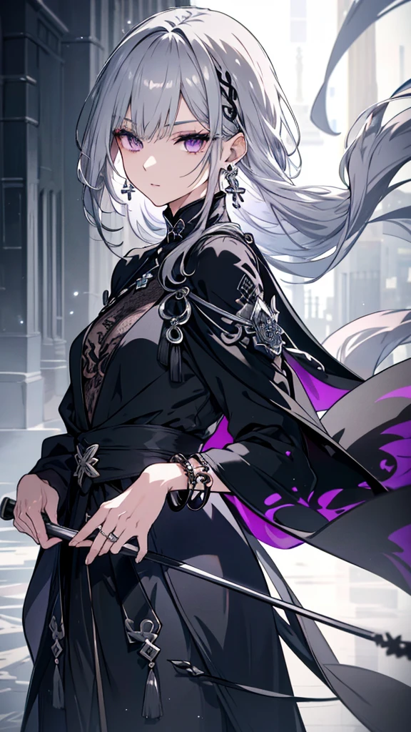 masterpiece, best quality, elysia \(herrscher of human:ego\) \(Honkai impact\), pointed ears, elf, pink hair, pink eyes, slit pupils, long hair, (sleek black ensemble:1.6), (golden button details:1.4), (structured jacket:1.5), (high-waisted pants:1.4), (purple high collar:1.3), (golden tassel accessories:1.5), (minimalist fashion:1.5), (monochrome palette:1.4), (tailored fit:1.5), (subtle gold accents:1.4), (sharp silhouette:1.4), (elegant and chic:1.6), (modern fantasy attire:1.4), (dark background:1.4), upper body, looking at view, 1girl, solo, close mouth, smile, double peace, winter smoke
