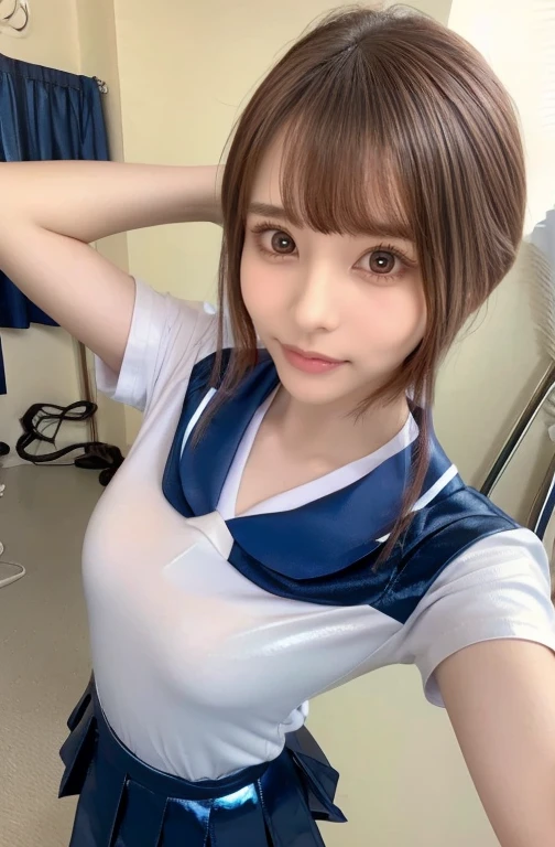 Very pretty and cute girl) (Very cute face:1.2),(Baby Face),(Large, sparkling, transparent, and attractive eyes:1.2), Beautiful detailed eyes, Double eyelids with attention to detail, smile, (Photorealistic photography:1.1), on the road, (Super shiny metallic dark blue sailor high school uniform:1.5),(Ultra-shiny metallic dark blue pleated skirt :1.1), (Brown Hair:1.2),Professional portrait photography ,Costumes with very smooth and highly reflective surfaces
