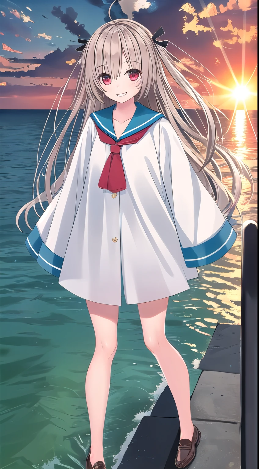 Atori, one girl, red eyes, alone, ahoge, long hair, full body, shoes, sailor uniform, black ribbon, sailor collar, brown loafers, hair between eyes, blue sailor collar, blush, very long hair, smiling, neckerchief, big sleeves, collarbone, white skirt, on a boat, sea and sky, sun, lens flare