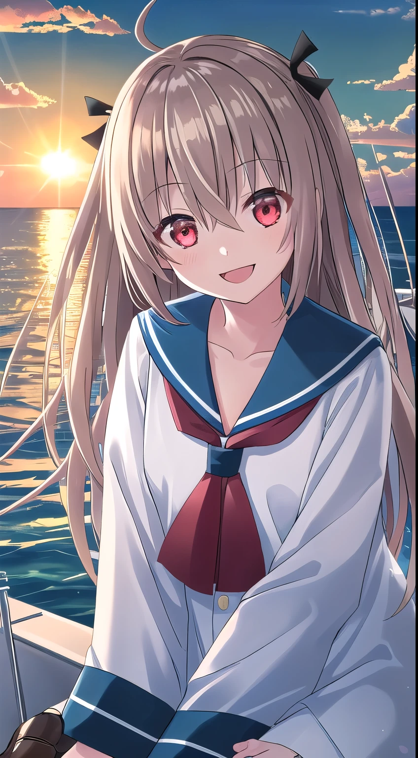 Atori, one girl, red eyes, alone, ahoge, long hair, upper body, shoes, sailor uniform, black ribbon, sailor collar, brown loafers, hair between eyes, blue sailor collar, blush, very long hair, smiling, neckerchief, big sleeves, collarbone, white skirt, on a boat, sea and sky, sun, lens flare