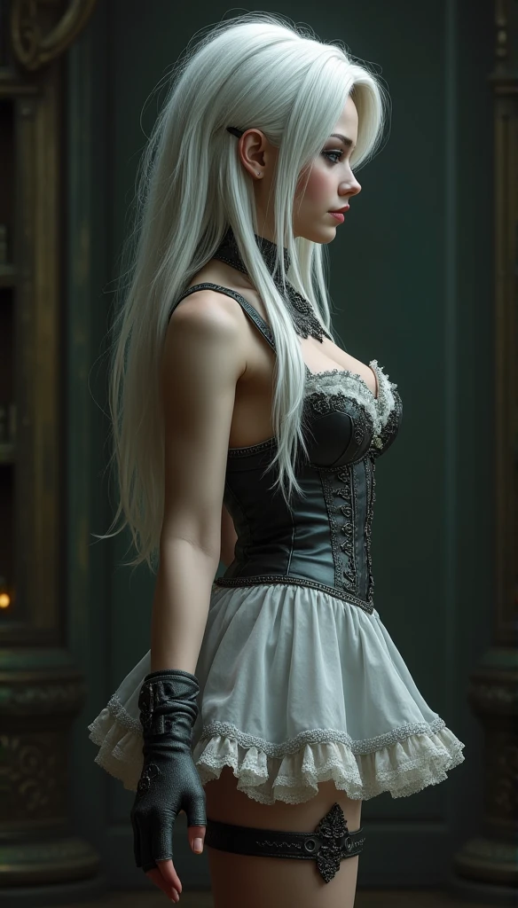 a woman in a rococo dress and stockings, high rococo wig, crimped rococo wig, silver rococo wig, warhammer40k, rococo, portrait of a cyborg queen, detailed illustration, cyborg necromancer girl, cyborg noble woman, mechanized witch, skeleton queen, noir, mistery, warhammer40k style