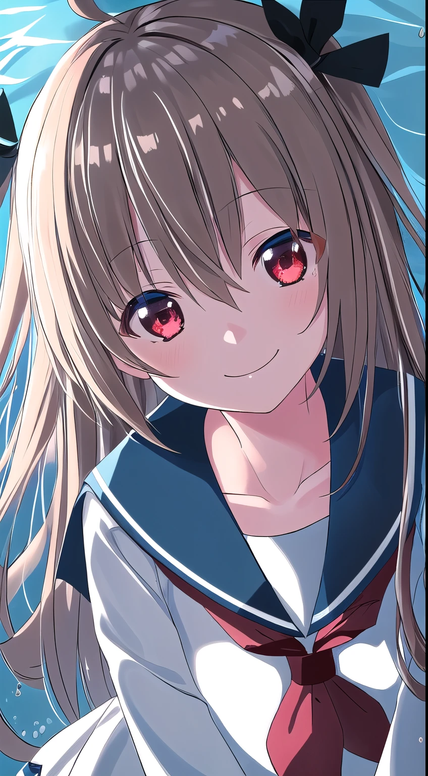 Atori, one girl, red eyes, alone, ahoge, long hair, close up of face, sailor uniform, black ribbon, sailor collar, brown loafers, hair between eyes, blue sailor collar, blush, very long hair, smiling, neckerchief, big sleeves, collarbone, white skirt, old school submerged