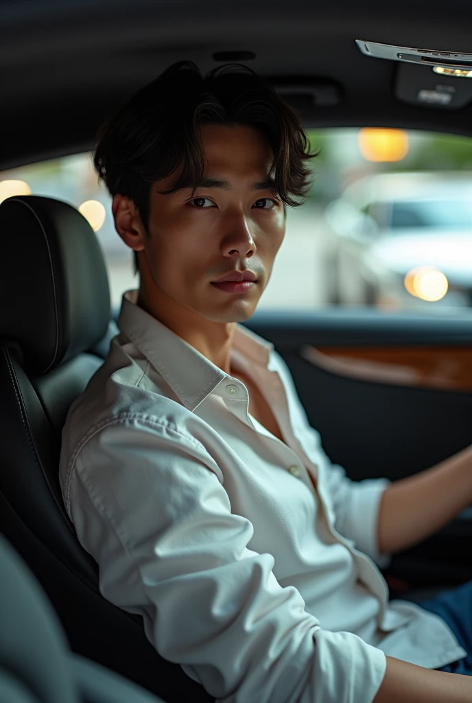 premier quality, tmasterpiece, 超High Resolution, (Hentail realism: 1.4), photo originale, The wallpaper, headshot photo, la peau, sinple background, yeux noirs, specifics, Auto-tir, 1 homme 26 ans, un beau, Light wind, rayons de soleil, domicile、une chambre、Homme incroyablement beau、mignon、Partie centrale、Chez Johnny、Un visage comme Ryo Yoshizawa 、refreshing、Eyebrows are not too thick、Christianisme orthodoxe、visage froid、musculature, Kpop , korean, museum, hotel, voiture , American