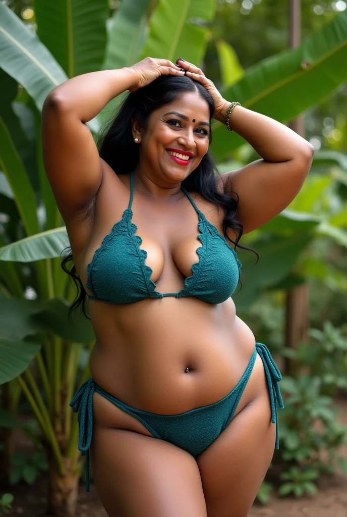 (Thai woman),(((bikini))),((( plus-size woman,curvy waist,overweight))),(highponytail),(forehead),(smile:1.5),(inside the forest in the background:1.3), (spread her legs wide apart,open wide legs),(in the morning light),(hyperrealistic),(funny),(full body shot),