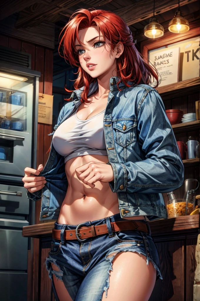 red hair, cowboy shot, tattered clothing, sexy woman