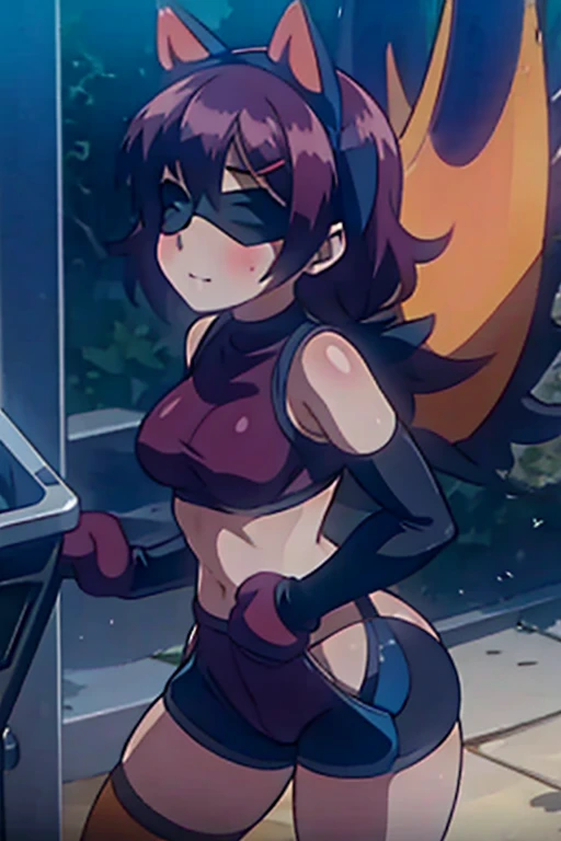 girl in a panty, wearing oven mittens tucked in pockets, blindfold
