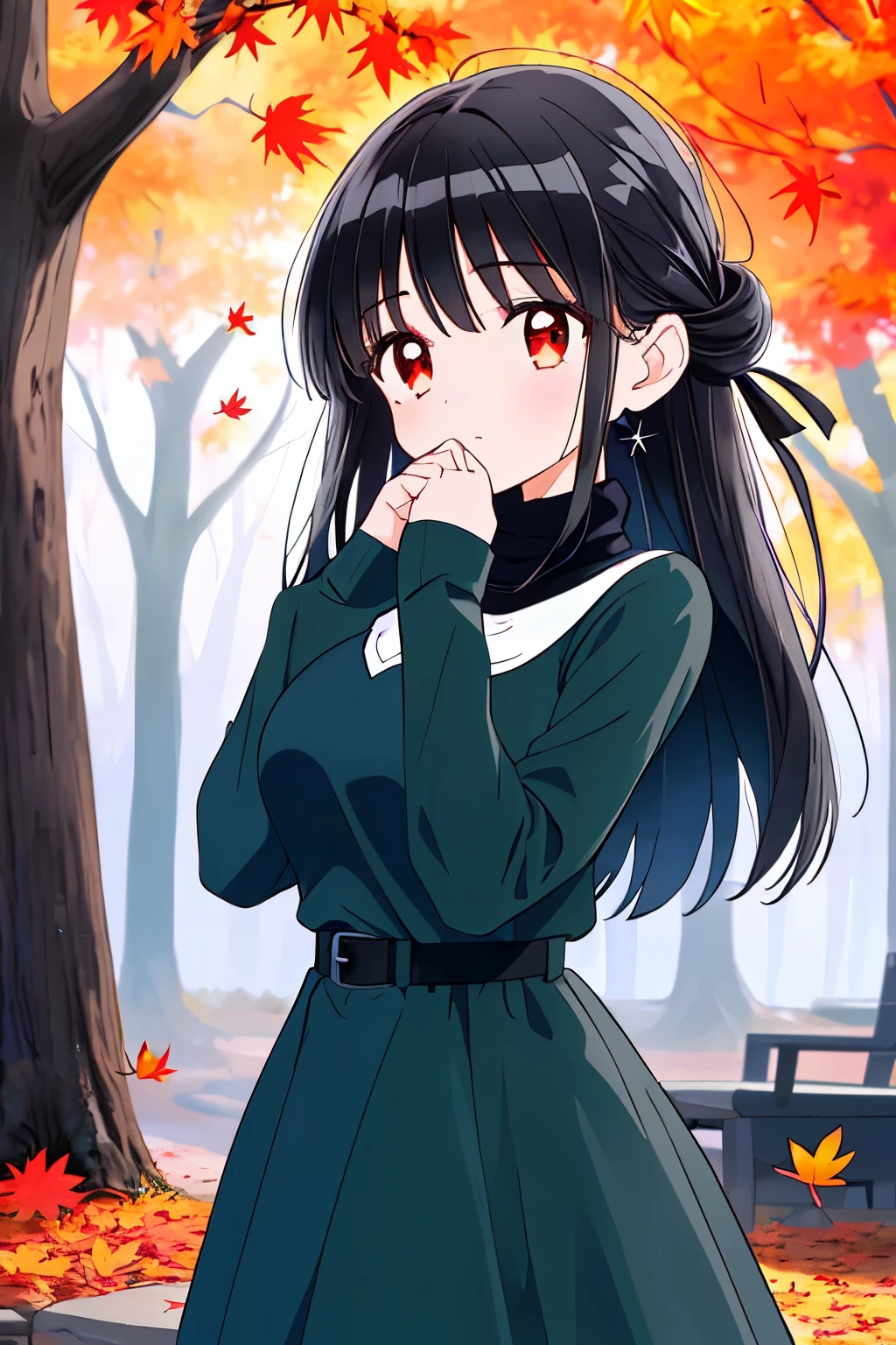(1girl:1.2),
(shiny pitch black hair:1.3),long straight hair,
(puff out cheeks:1.2),
red eyes,(slanted eyes:1.1),


Make a fist with both hands to cover your mouth,
Autumn Clothes,


 (medium breasts:1.1),
(:1.1),



best quality,Highly detailed,sharp focus,masterpiece, vibrant colors,natural expression,
