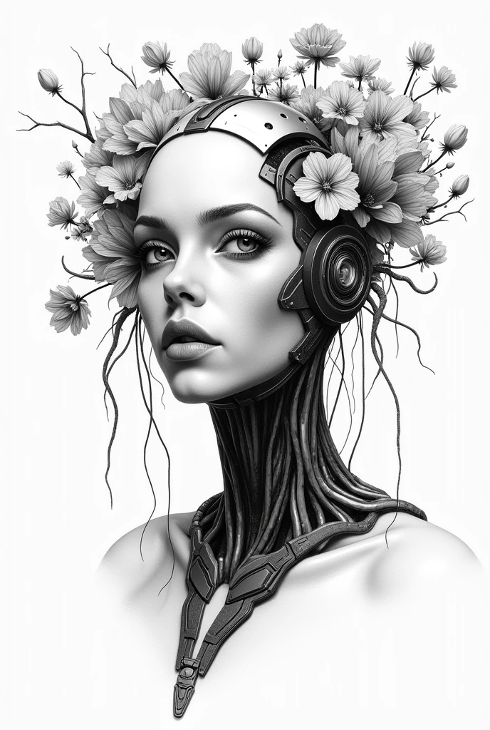 A captivating charcoal drawing that evokes a hauntingly beautiful and sinister atmosphere, featuring an android pariah tenderly embracing a swaying flower. The striking contrast between the android's metallic and mechanical features and the delicate fragility of the flower draws the viewer's attention. The background is dark and deep, adding to the enigmatic and intriguing ambiance of the scene. The artist's masterful application of scratch techniques results in a hyperrealistic and hyperdetailed image, with depth of field, bokeh, and sharp focus seamlessly crafting an enthralling and elegant composition. This thought-provoking scene invites viewers to ponder the complex emotions of the android and the fleeting nature of life., illustration, painting