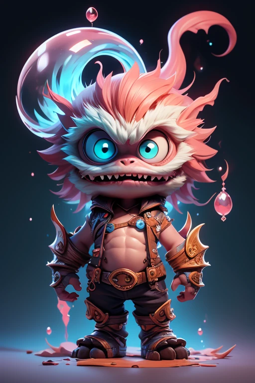 Create a monster image, a small, big-headed, baby monster.. The body is transparent and can be seen through. The image is sharp and detailed., with beautiful colors.. With arms, leg, eyes, mouth, พื้นหลังสีlegว