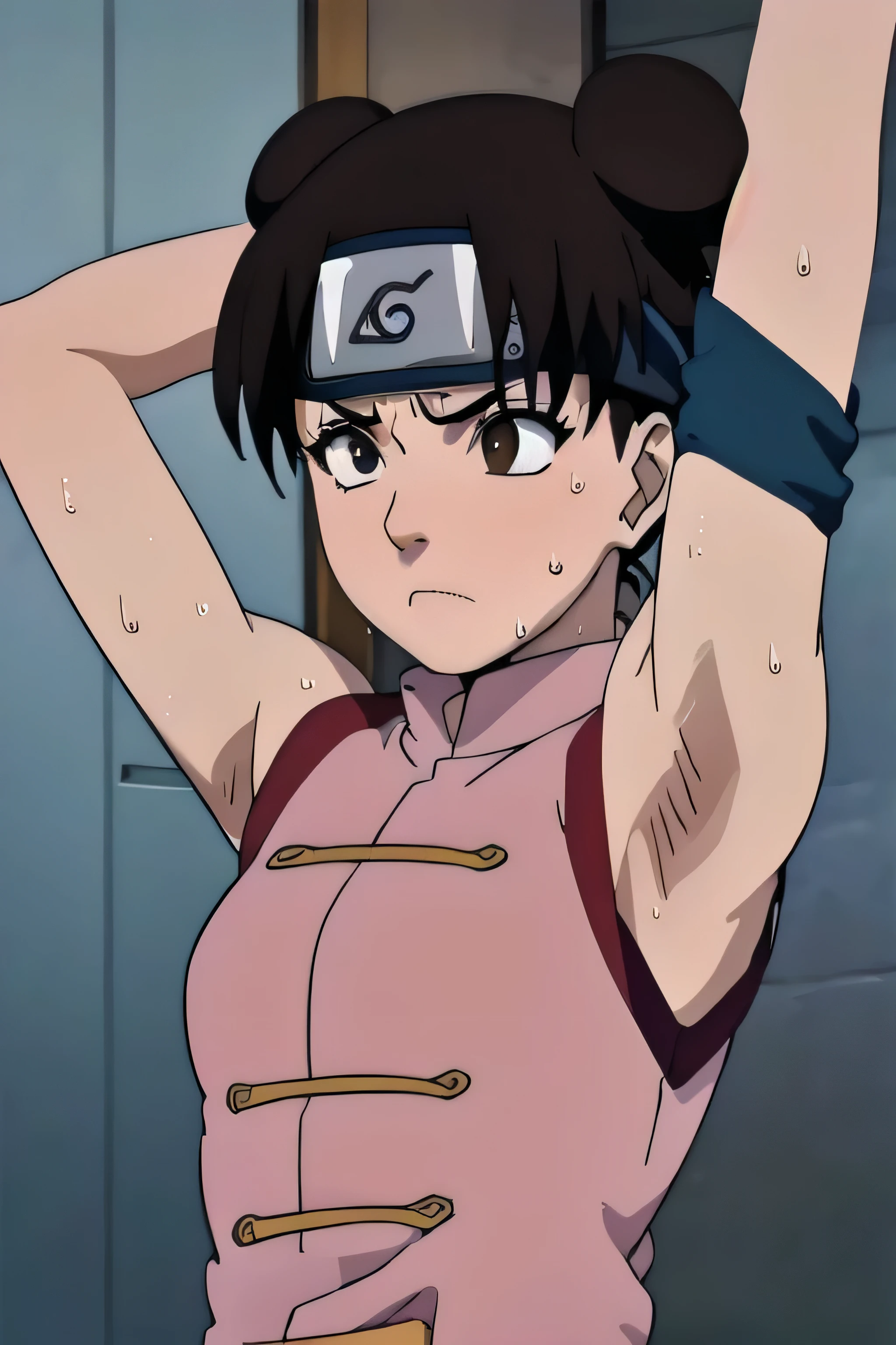 Tenten,solo,armpits,wet armpits, showing wet armpits, armpit,armpits,sweat,sweaty,sweaty armpits,awesome armpits,tired,exhausted,arms up,arm warmers,sleeveless, moderately sized breasts