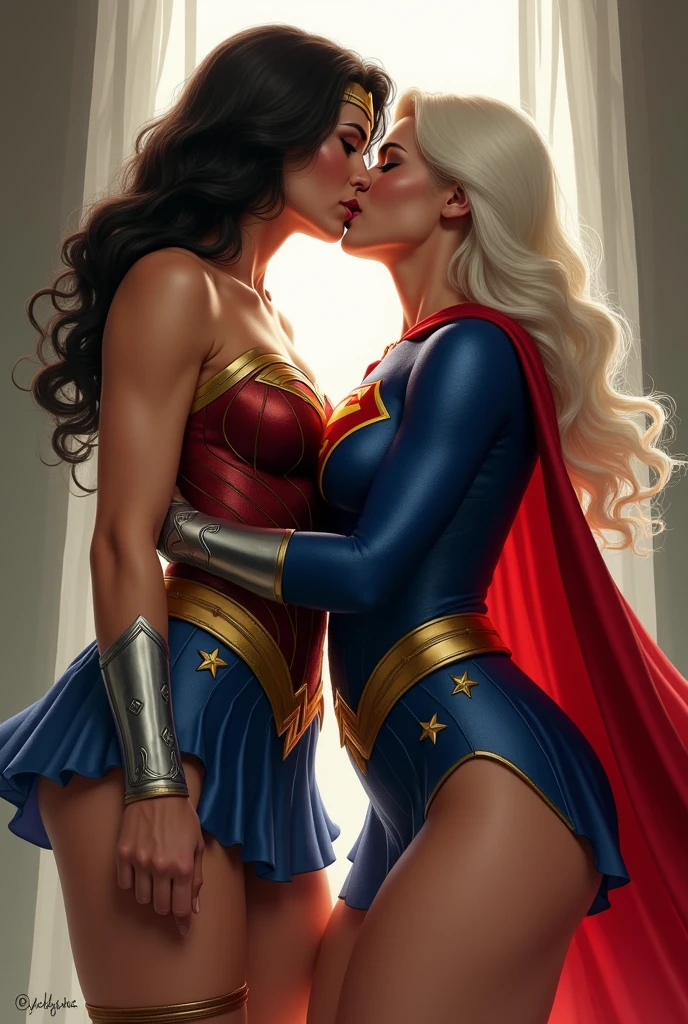 2 women kissing, cosplay, party, dressed as Wonder Woman and Supergirl, sensual, provocative, very erotic, yuri."