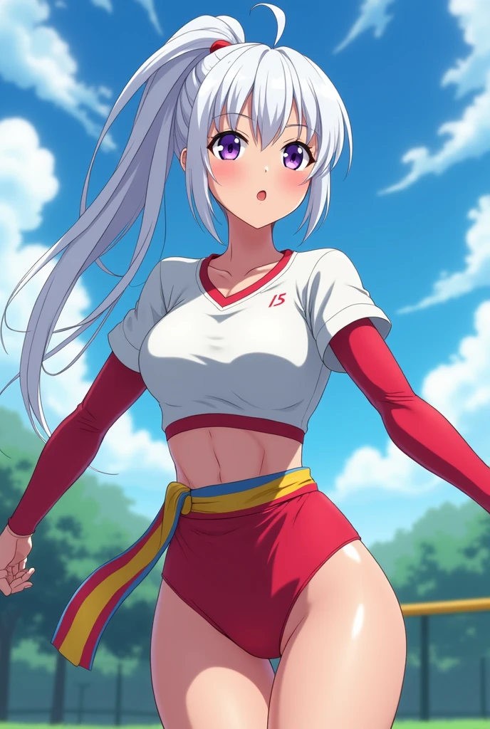 anime, 1girl, ponytail, parted lips, blush, makeup, light smile, white hair, sportswear, skirt, wet clothes, glow, thighs, purple eye, bare shoulders, collarbone, narrow waist, sunbeam, sunlight, rose, wind, cleavage, (masterpiece), sweat, 8k, high resolution