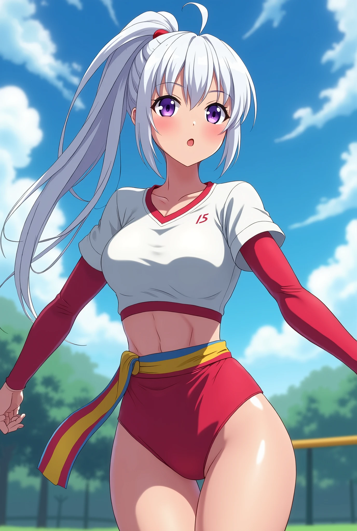 actual, 1 girl, white hair, blue eyes, glowing eyes, crop top, skirt, open lips, blush, Gym, flowers, night, moonlight, abdominal muscles, muscle , biceps
