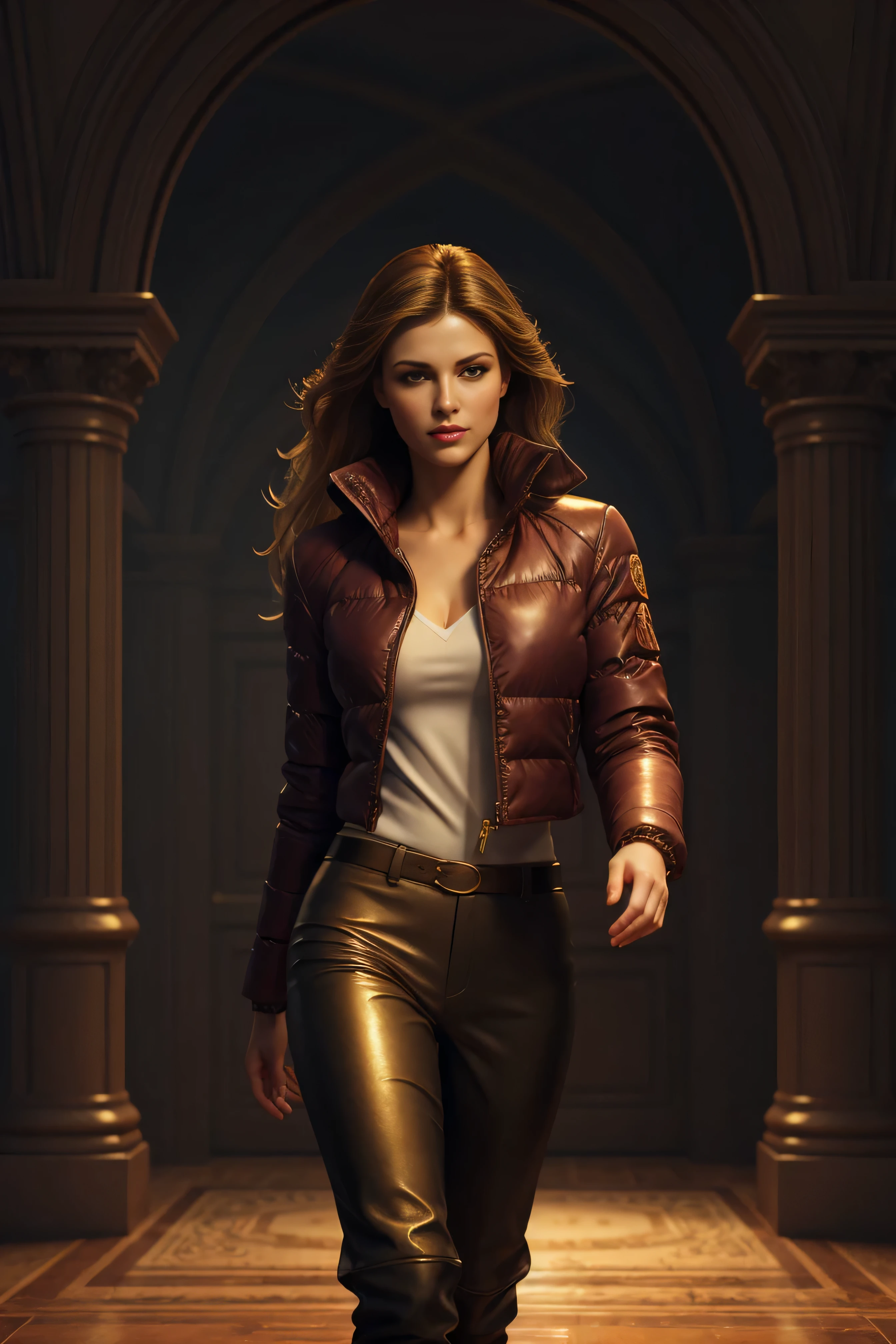 photorealism, full body, a young woman, puffer down jacket & pants, leather, beautiful realistic eyes; fantastic face, beautiful look, Michael Garmash, Daniel F Gerhartz, Storybook style, warm dreamy lighting, white background, volumetric lighting, pulp adventure style, fluid acrylic, dynamic gradients, vivid color, illustration, highly detailed vector curves, simple, smooth and clean, vector art, smooth, Johan Grenier, character design, 3d shading, cinematic, ornate patterns, elegant organic framing, hyperrealism, posterized, collection of masterpieces, lush vivid colors, twilight, wet gouache 