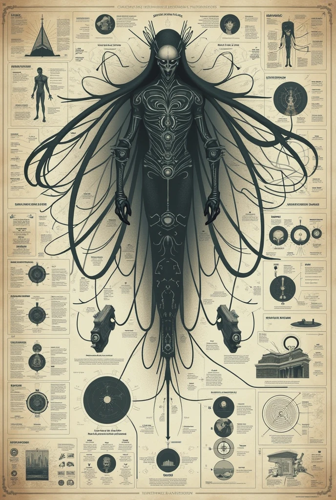 victorian infographic of highly detailed disected alien female