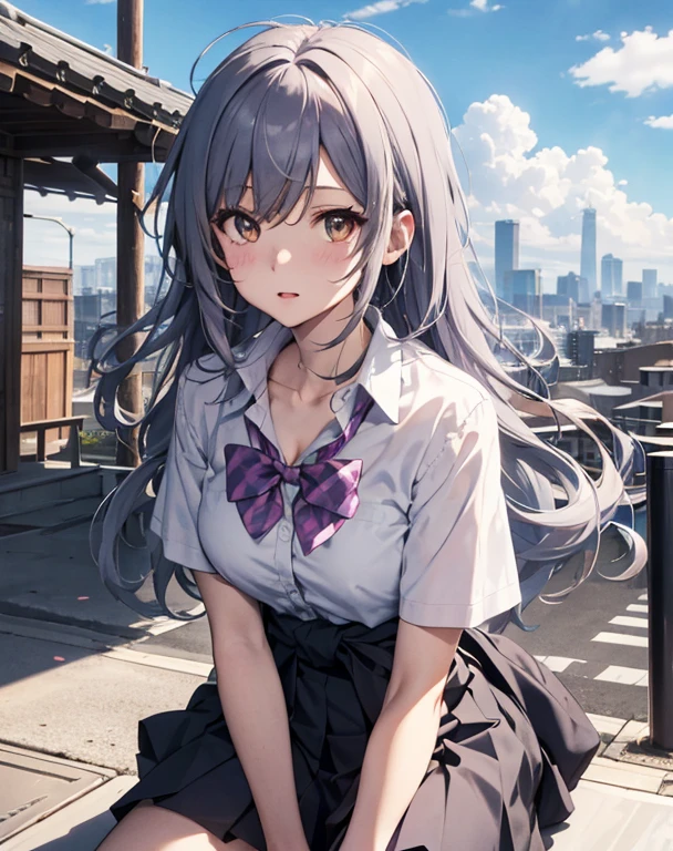 score_9, score_8_up, score_7_up, source_anime, BREAK 1girl, solo, looking at viewer, outdoors, school, rooftop, blue sky, cloud, sitting, leaning forward, cityscape, japan, yumeko shikiya, long hair, grey hair, ahoge, wavy hair, hair between eyes, brown eyes, school uniform, white shirt, collared shirt, short sleeves, collarbone, cleavage, pink bowtie, purple bowtie, loose bowtie, (wrist scrunchie:0.8), sweater around waist, grey pleated skirt,
