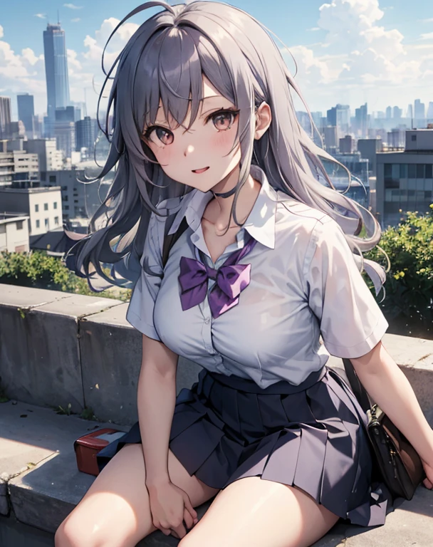 score_9, score_8_up, score_7_up, source_anime, BREAK 1girl, solo, looking at viewer, outdoors, school, rooftop, blue sky, cloud, sitting, leaning forward, cityscape, japan, yumeko shikiya, long hair, grey hair, ahoge, wavy hair, hair between eyes, brown eyes, school uniform, white shirt, collared shirt, short sleeves, collarbone, cleavage, pink bowtie, purple bowtie, loose bowtie, (wrist scrunchie:0.8), sweater around waist, grey pleated skirt,
