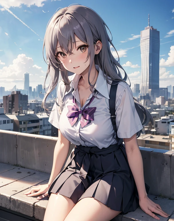 score_9, score_8_up, score_7_up, source_anime, BREAK 1girl, solo, looking at viewer, outdoors, school, rooftop, blue sky, cloud, sitting, leaning forward, cityscape, japan, yumeko shikiya, long hair, grey hair, ahoge, wavy hair, hair between eyes, brown eyes, school uniform, white shirt, collared shirt, short sleeves, collarbone, cleavage, pink bowtie, purple bowtie, loose bowtie, (wrist scrunchie:0.8), sweater around waist, grey pleated skirt,
