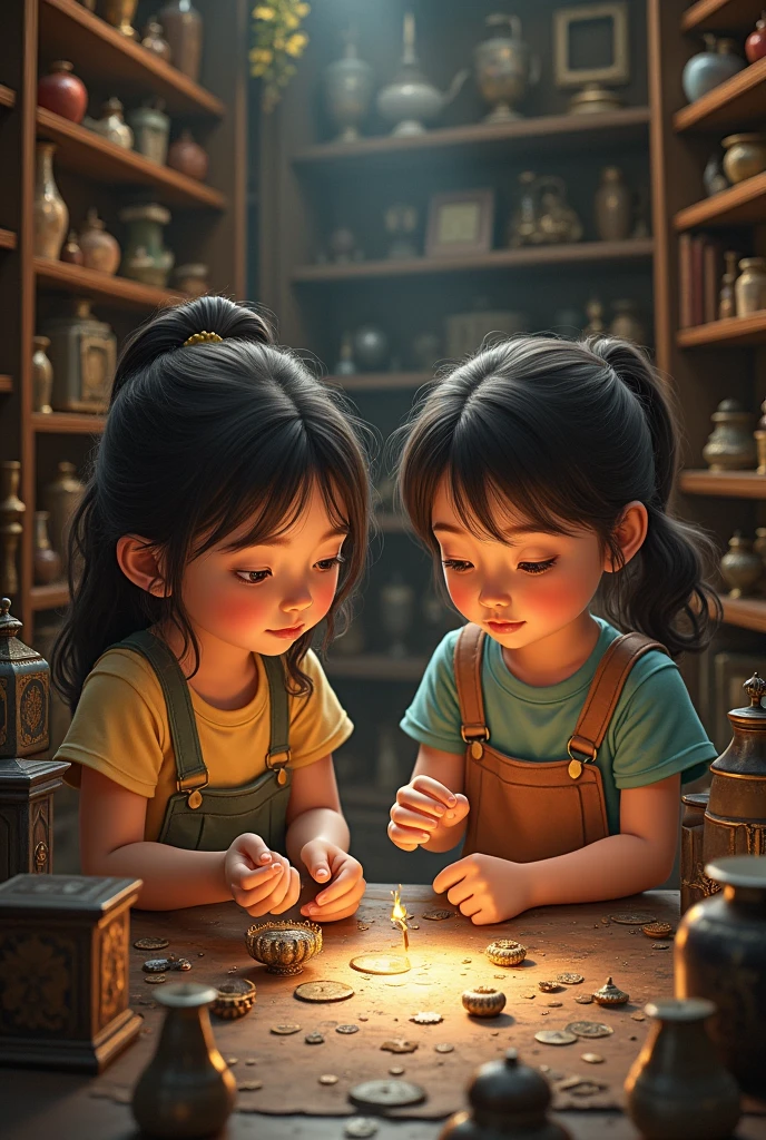 Two children inside a house smiling looking at a glass of coins on a table. The illustration is a high-definition illustration in 4K resolution, featuring highly detailed facial features and cartoon-style visuals. --auto --s2