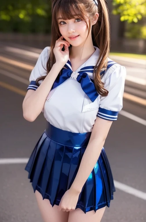 Very pretty and cute girl) (Very cute face:1.2),(),(big, Sparkling, transparent, Attractive eyes:1.2), Beautiful detailed eyes, Double eyelids with attention to detail, smile, (Photorealistic photography:1.1), Running on the road,
(Super shiny metallic dark blue sailor high school uniform:1.5),(Ultra-shiny metallic dark blue pleated skirt :1.1),
(Brown Hair:1.2),Professional portrait photography ,Costumes with very smooth and highly reflective surfaces 