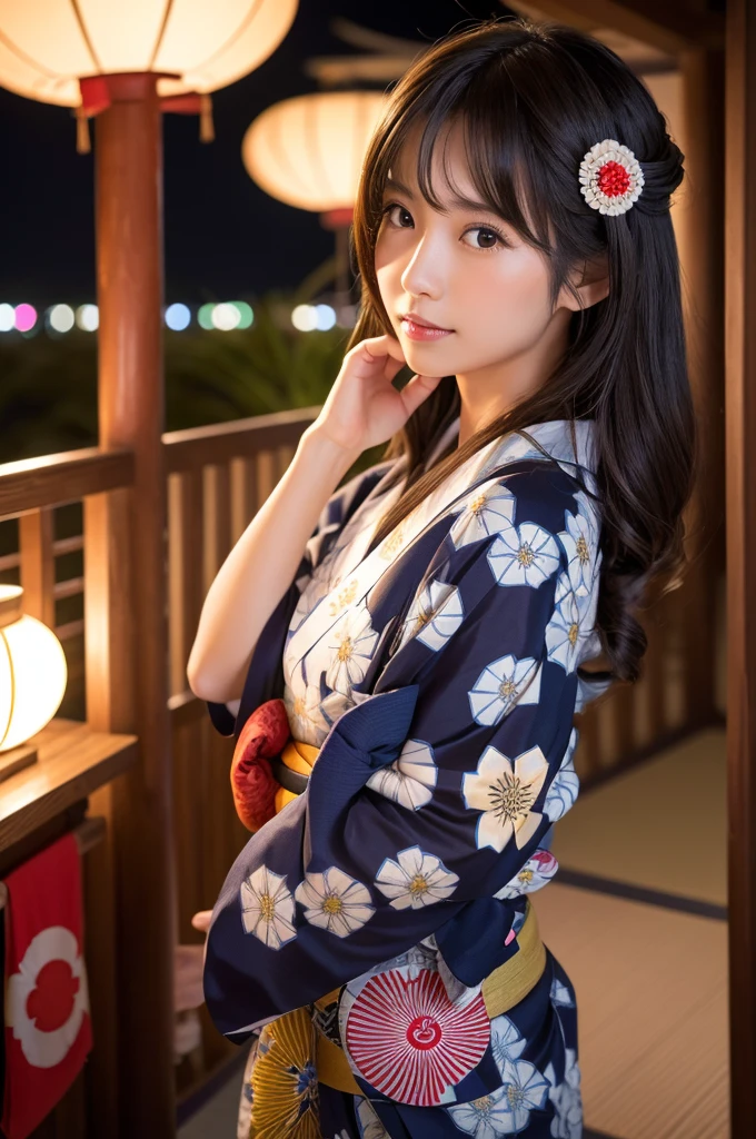 high quality、masterpiece、High sensitivity、One Woman、Japanese、round face、Small 、Thin thighs、yukata、Fireworks display、Opening a store