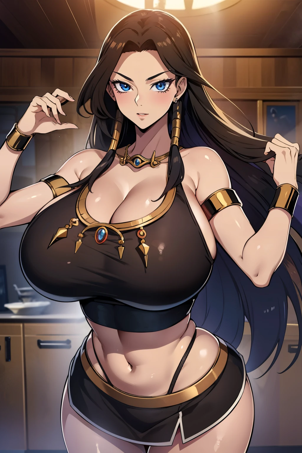 An anime-style artwork depicting Ishizu Ishtar from theanime Yu-Gi-Oh!

Tags: ishizu ishtar, anime, detailed eyes, detailed lips, (crop top:1.1), miniskirt, turtleneck,, long hair, dark skin, blue eyes,  (dark skinned female:1.3), jewelry,necklace, bracelet, armlet,  smiling expression, intense gaze, dynamic pose, indoor, palace, vibrant colors, digital art, high-resolution, professional quality, gigantic breasts, cleavage,  curvy, cowboy shot, (gigantic breasts: 1.4),