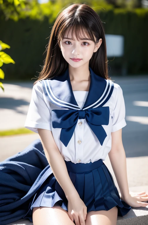 Very pretty and cute girl) (Very cute face:1.2),(Baby Face),(big, Sparkling, transparent, Attractive eyes:1.2), Beautiful detailed eyes, Double eyelids with attention to detail, smile, (Photorealistic photography:1.1), Running on the road, (Super shiny metallic dark blue sailor high school uniform:1.5),(Ultra-shiny metallic dark blue pleated skirt :1.1), (Brown Hair:1.2),Professional portrait photography ,Costumes with very smooth and highly reflective surfaces 