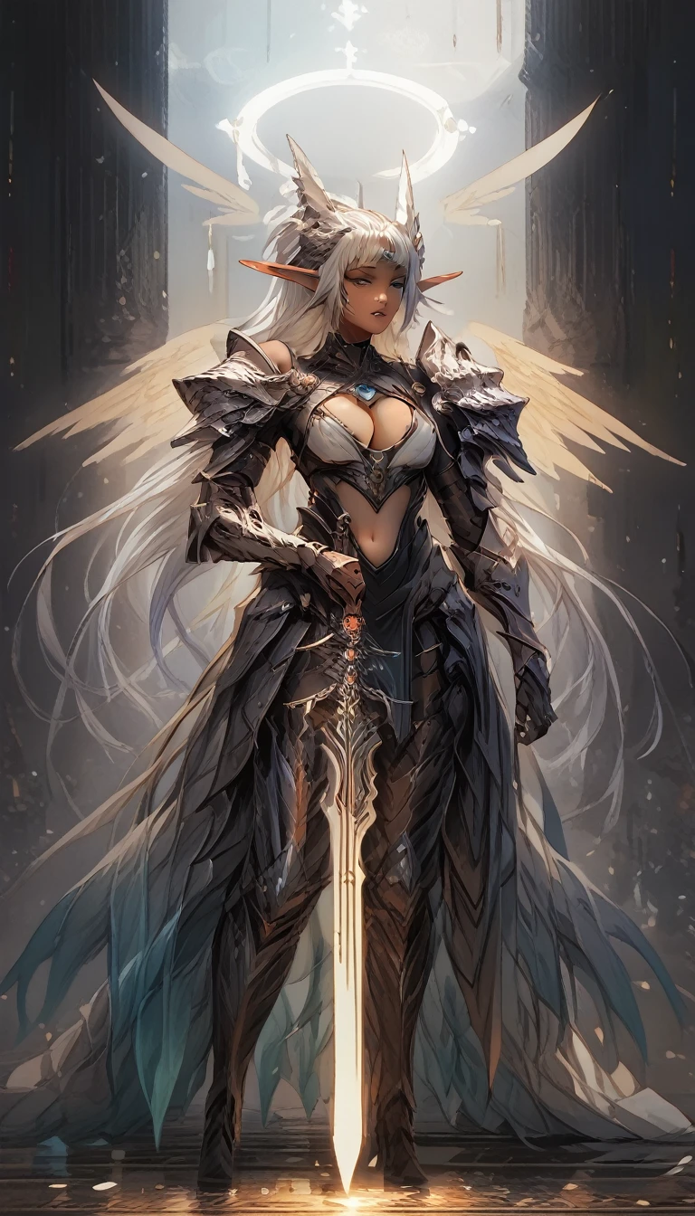 Fantasy,dark elf,obsidian skin,black skin,white hair,blunt bangs,armor,cleavage armor,skimpy armor,leotard,center opening,sitff nipple,stiff under clothes,headgear,off shoulder,colorful gradient lines,lines trimmed detail,wide hip,incasestyle