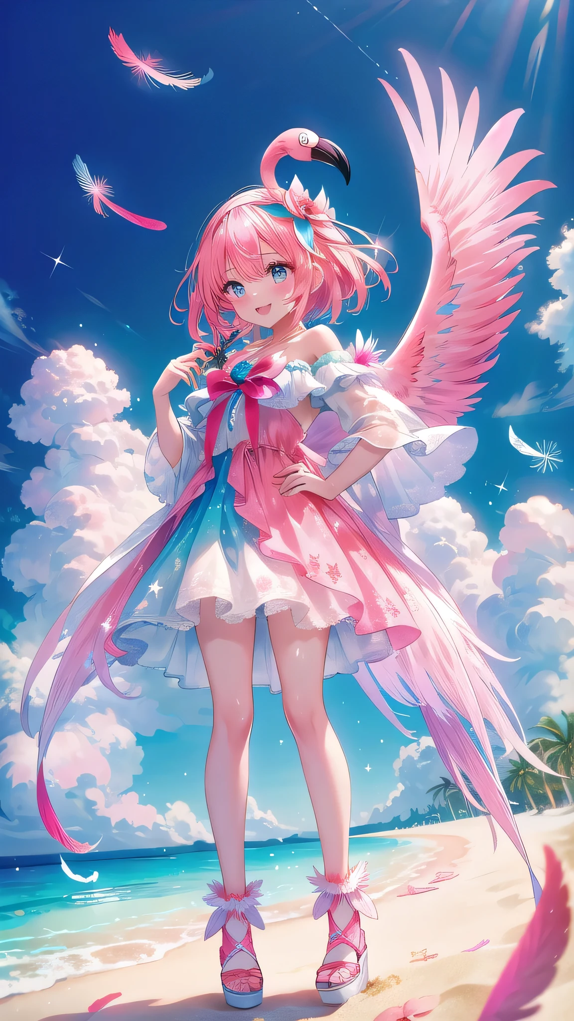 Pinx is a pink girl flamingo with a feather design, long pink legs, wings with pink and fluffy white feathers, a pink beak, and pink cheeks. SPARKLE; GLITTER.