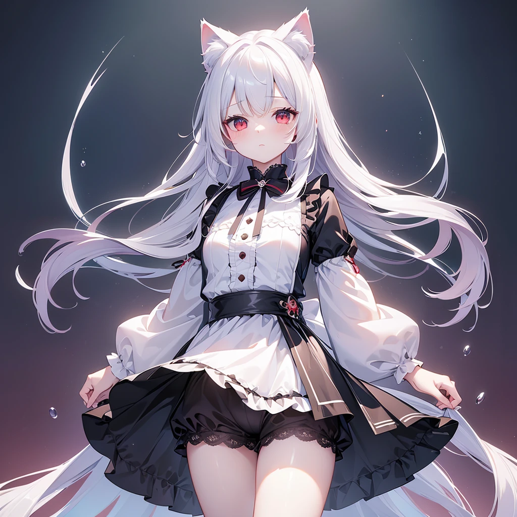 ((masterpiece, Highest quality, Highly detailed CG, unity 8k wallpaper,)), One woman, darkness、 Maid clothes with short skirts、I can barely see your face、Red eyes、assassin、Eyes that shine mysteriously、White Hair、Wolf Cut、I can see your thighs、I can see your underwear、Cat ears、Pants-like skirt、Shoulders stick out、Lace underwear、Embarrassed look、Pull up your skirt with your own hands、Blushing, 