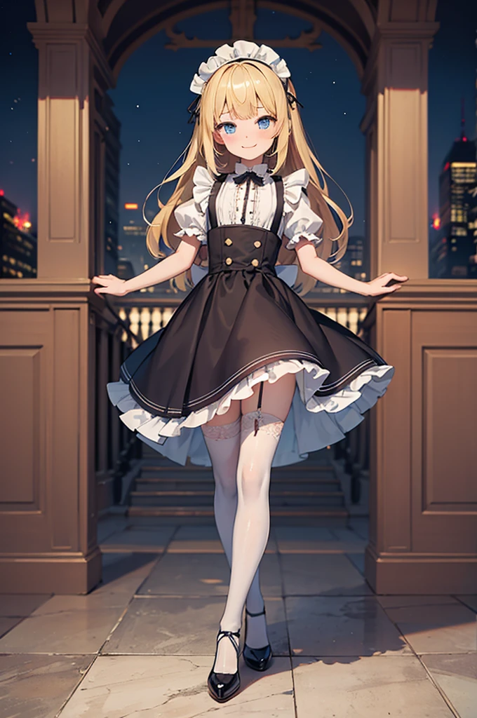 best quality, masterpiece, mansion, motion blur, Shiny texture, Dynamic configuration, atmospheric perspective, (in detail), depth of field, Highly detailed CG, original, very detailed wallpaper, (vivid colors), movie lights, (fancy), blush, looking at viewer, (Long Hime Cut, Blonde hair, smile, girl, Sky blue eyes, medium chest, Cute face), Maid Dress, Stockings, Full body view, splendor