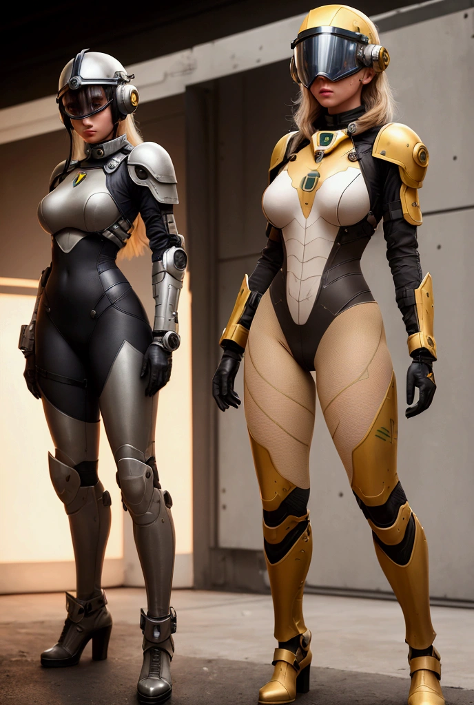 8k, photorealistic, English, full body, girl wearing mech suit with exposed breasts and nipples, firm nipple, blonde hair, long plaited pigtails, beautiful face, fine skin texture, high detail, high detail eyes, blue eyes, pierced ears, semi profile pose, dark background, light attenuation, looking into camera, detailed nipples, exposed belly, toned abs, belly button, mech suit, mechanical armour, scar, futuristic armour, neon lights,