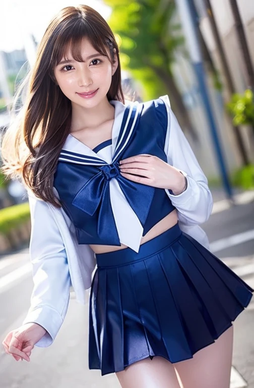 Very pretty and cute girl) (Very cute face:1.2),(Baby Face),(big, Sparkling, transparent, Attractive eyes:1.2), Beautiful detailed eyes, Double eyelids with attention to detail, smile, (Photorealistic photography:1.1), Running on the road, (Super shiny metallic dark blue sailor high school uniform:1.5),(Ultra-shiny metallic dark blue pleated skirt :1.1), (Brown Hair:1.2),Professional portrait photography ,Costumes with very smooth and highly reflective surfaces 