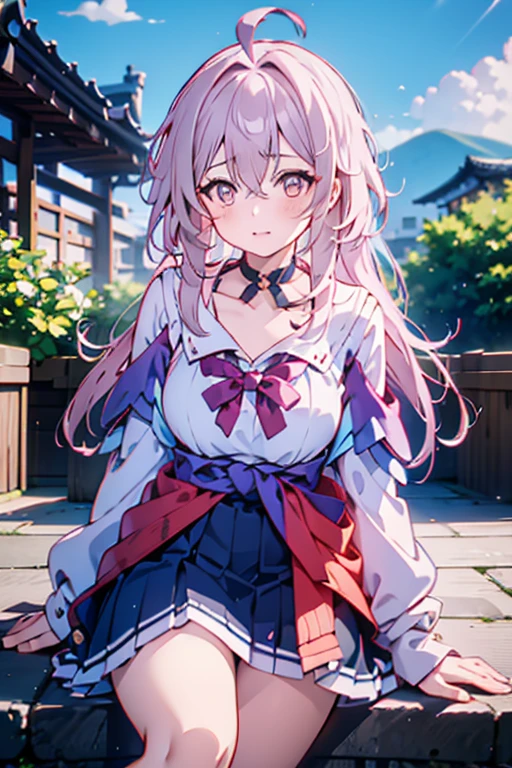 score_9, score_8_up, score_7_up, source_anime, BREAK 1girl, solo, looking at viewer, outdoors, school, rooftop, blue sky, cloud, sitting, leaning forward, cityscape, japan, yumeko shikiya, long hair, grey hair, ahoge, wavy hair, hair between eyes, brown eyes, school uniform, white shirt, collared shirt, short sleeves, collarbone, cleavage, pink bowtie, purple bowtie, loose bowtie, (wrist scrunchie:0.8), sweater around waist, grey pleated skirt,
