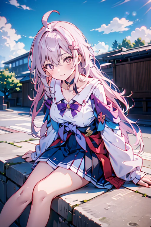 score_9, score_8_up, score_7_up, source_anime, BREAK 1girl, solo, looking at viewer, outdoors, school, rooftop, blue sky, cloud, sitting, leaning forward, cityscape, japan, yumeko shikiya, long hair, grey hair, ahoge, wavy hair, hair between eyes, brown eyes, school uniform, white shirt, collared shirt, short sleeves, collarbone, cleavage, pink bowtie, purple bowtie, loose bowtie, (wrist scrunchie:0.8), sweater around waist, grey pleated skirt,
