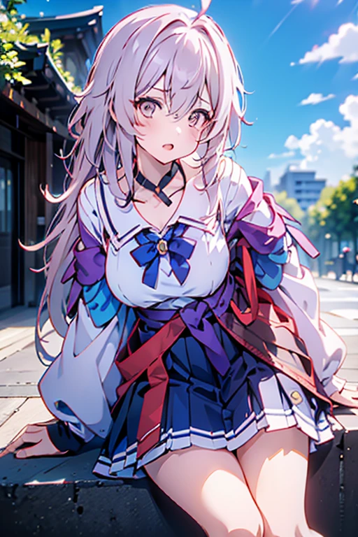 score_9, score_8_up, score_7_up, source_anime, BREAK 1girl, solo, looking at viewer, outdoors, school, rooftop, blue sky, cloud, sitting, leaning forward, cityscape, japan, yumeko shikiya, long hair, grey hair, ahoge, wavy hair, hair between eyes, brown eyes, school uniform, white shirt, collared shirt, short sleeves, collarbone, cleavage, pink bowtie, purple bowtie, loose bowtie, (wrist scrunchie:0.8), sweater around waist, grey pleated skirt,
