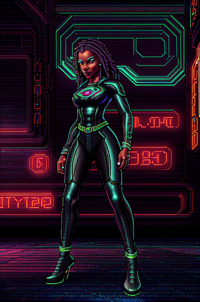 a stunningly beautiful black woman with perfect feet and waist, cyberpunk style outfit, entertaining in a nightclub, (best quality,4k,8k,highres,masterpiece:1.2),ultra-detailed,(realistic,photorealistic,photo-realistic:1.37),hyper detailed facial features, dramatic lighting, neon colors, intricate cyberpunk accessories, intricate futuristic background, moody atmosphere, volumetric lighting