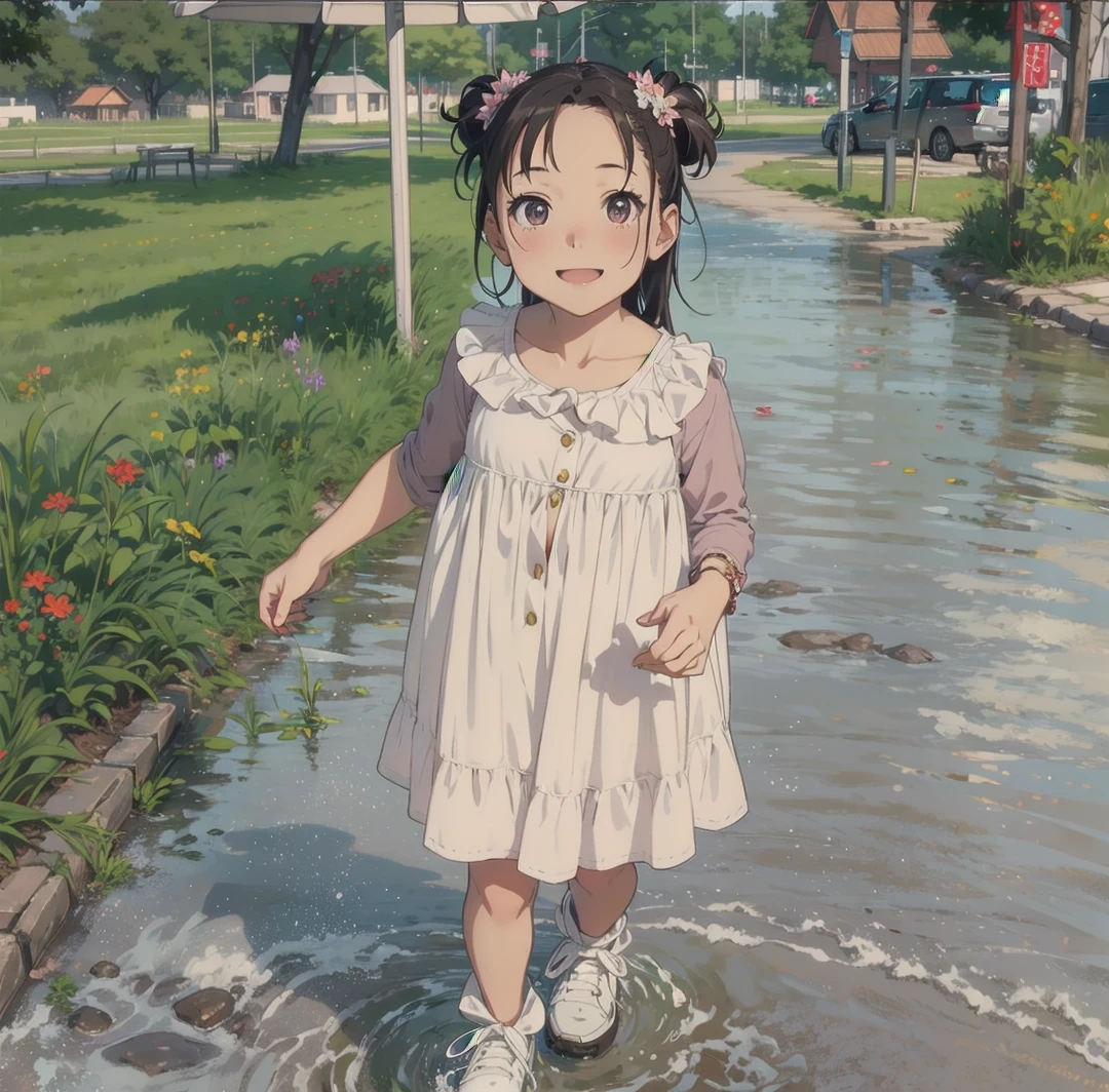 A cute chubby little girl with double hair happily chases dragonflies by the stream，There is a frog on a lotus leaf。Moe expression